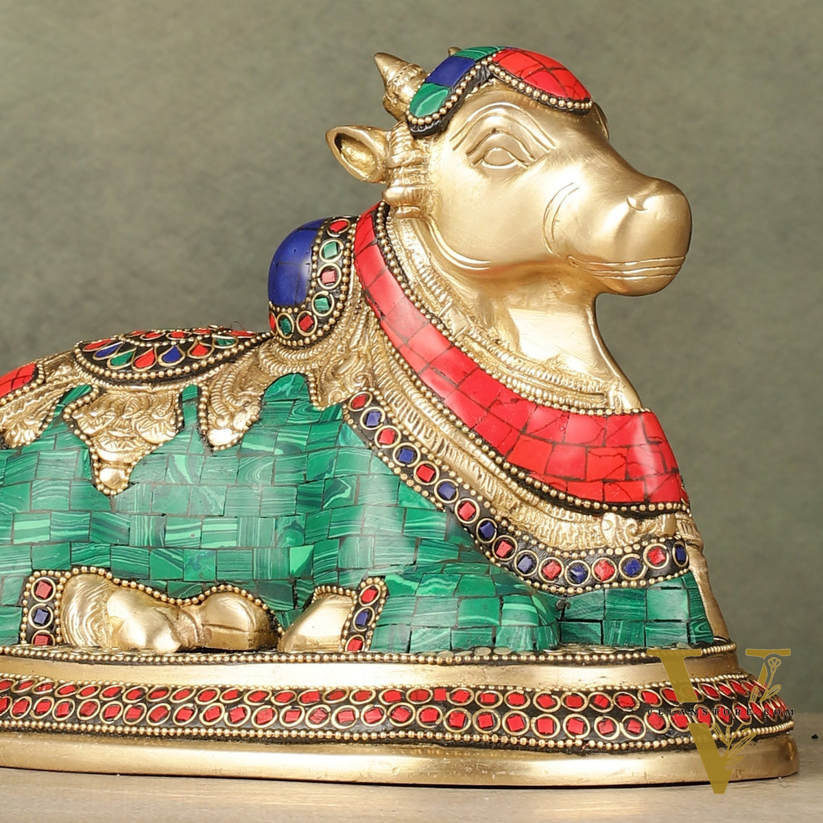 Pure Brass Nandi Bull Idol with Meenakari Work 8"
