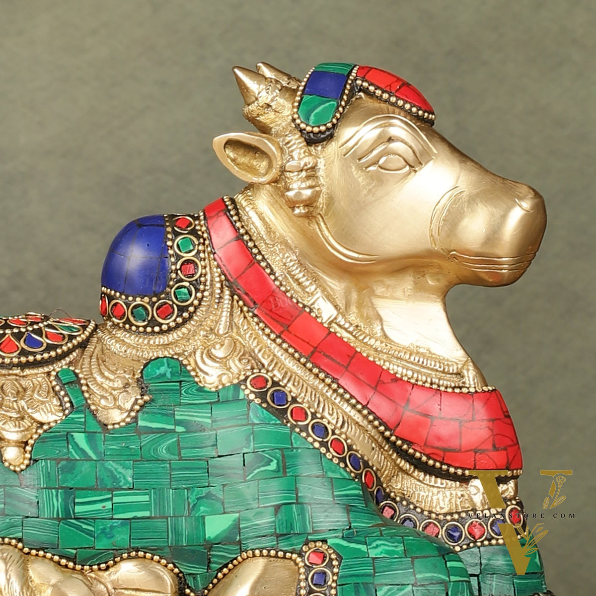 Pure Brass Nandi Bull Idol with Meenakari Work 8"
