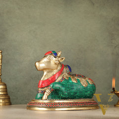 Pure Brass Nandi Bull Idol with Meenakari Work 8"