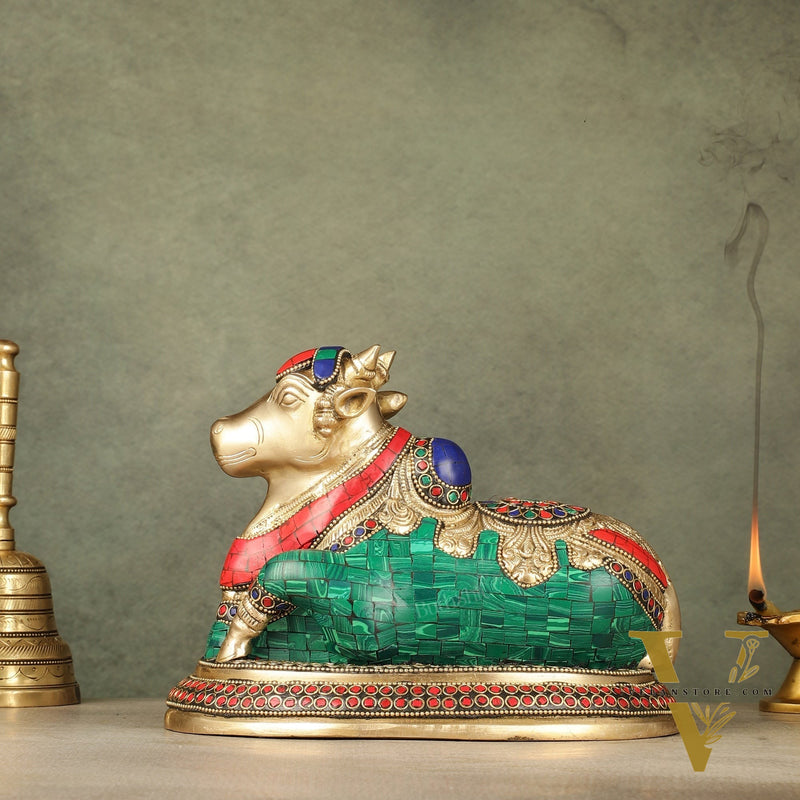 Pure Brass Nandi Bull Idol with Meenakari Work 8"