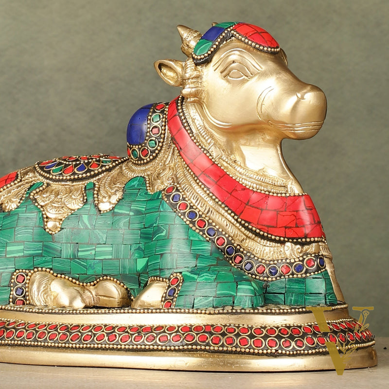 Pure Brass Nandi Bull Idol with Meenakari Work 8"