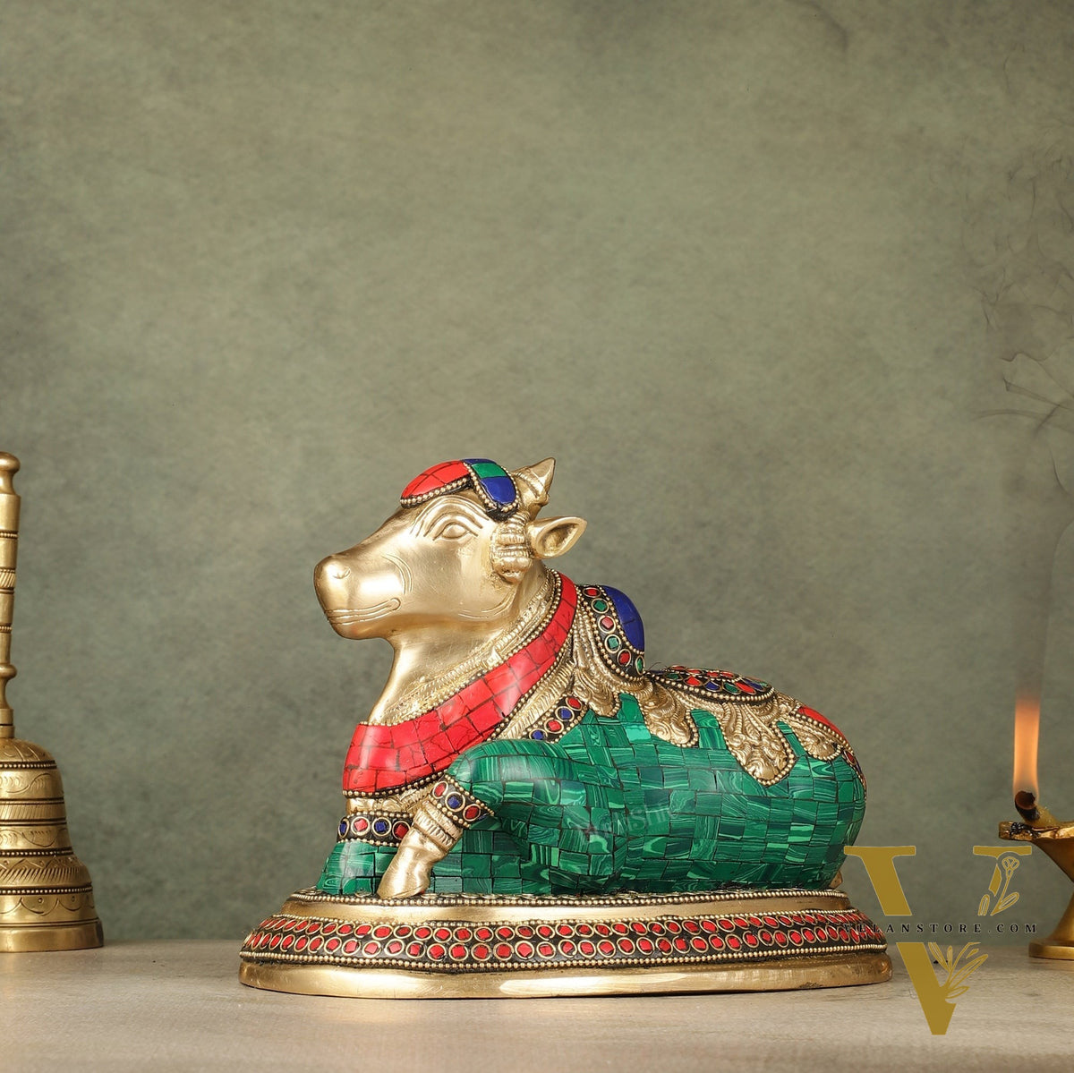 Pure Brass Nandi Bull Idol with Meenakari Work 8"