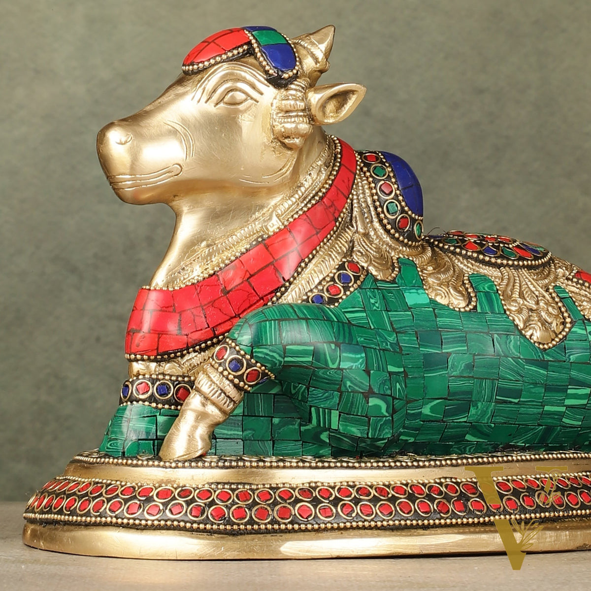 Pure Brass Nandi Bull Idol with Meenakari Work 8"