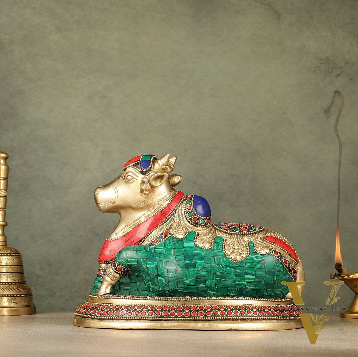 Pure Brass Nandi Bull Idol with Meenakari Work 8"