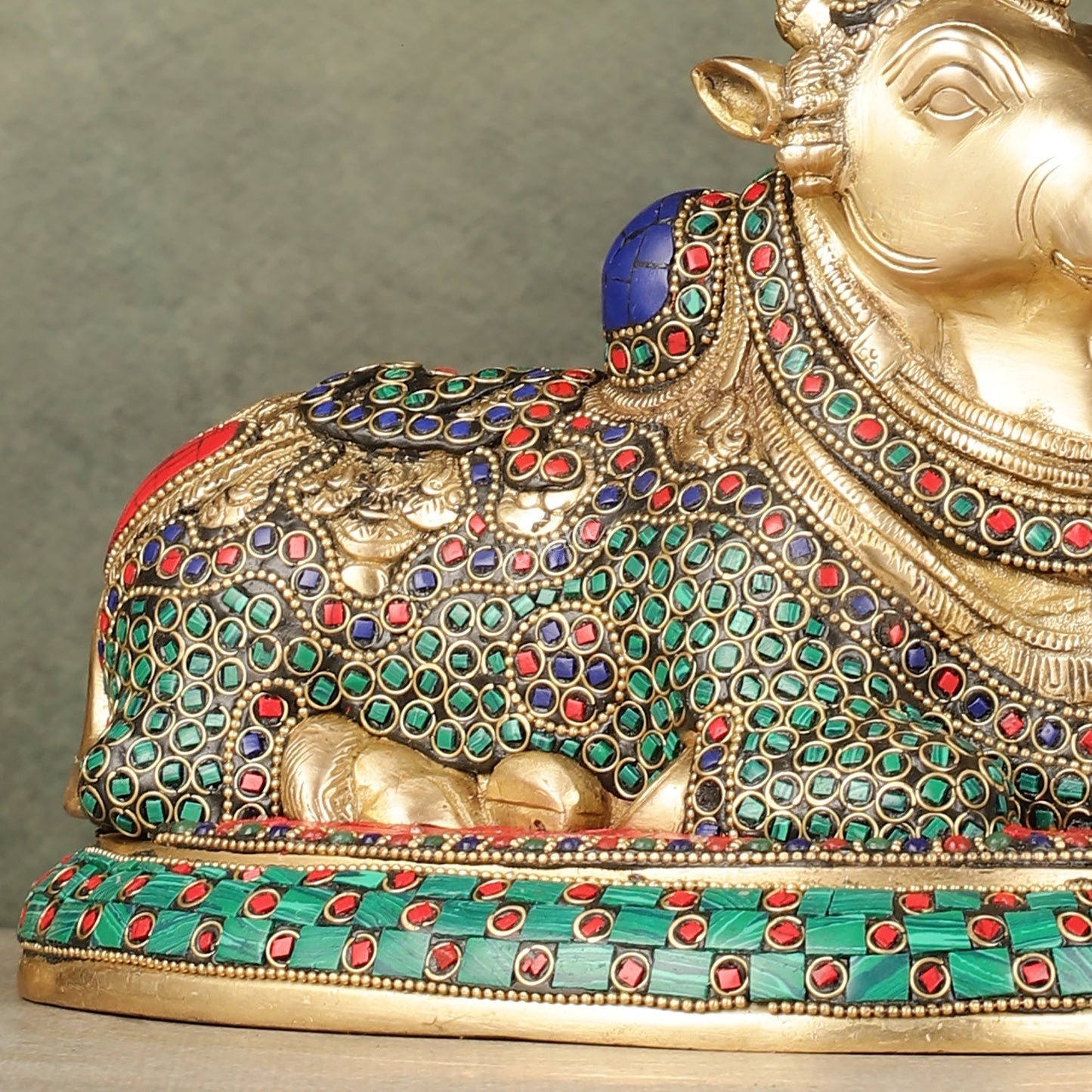 Pure Brass Nandi Bull Idol with Meenakari Work 8"