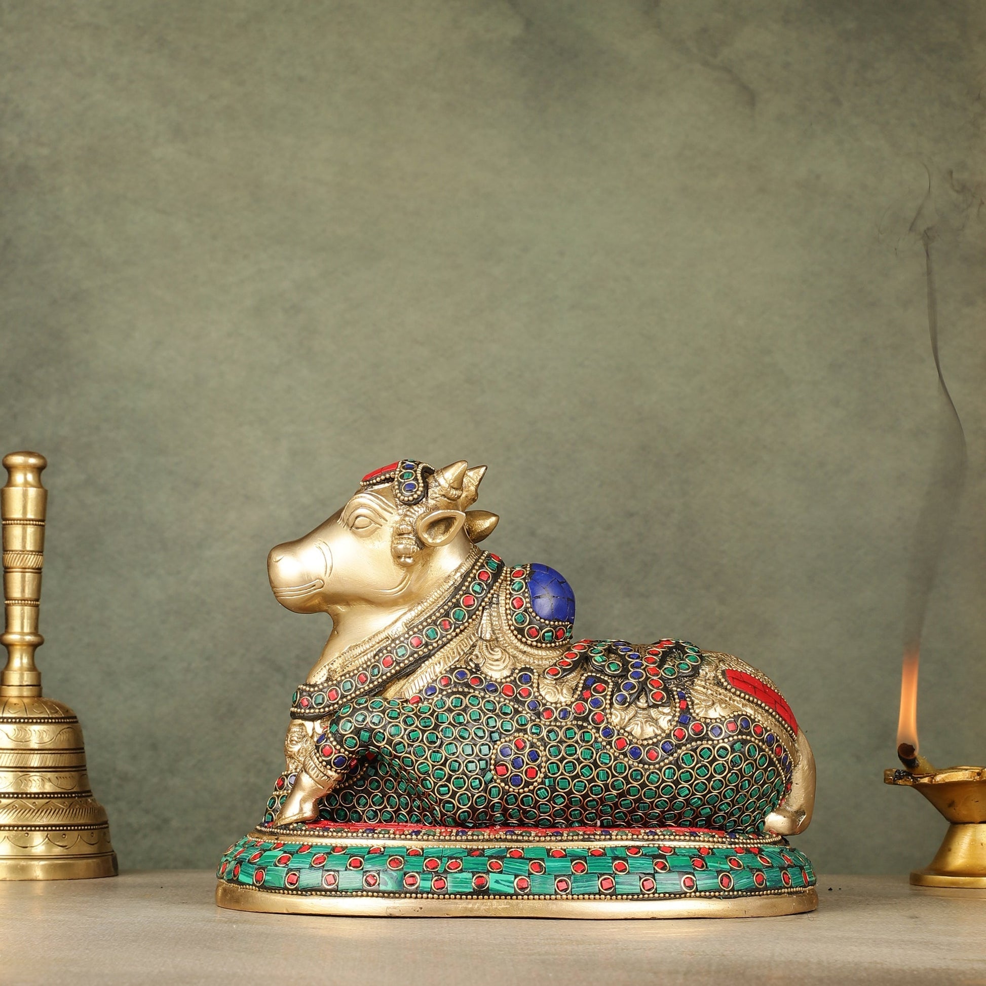Pure Brass Nandi Bull Idol with Meenakari Work 8"