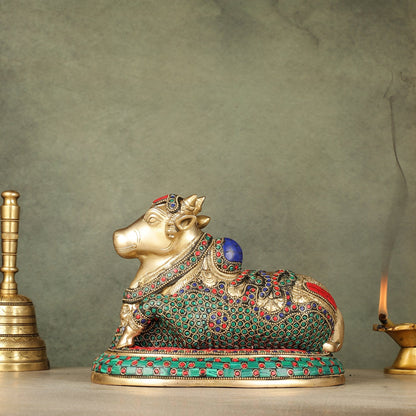 Pure Brass Nandi Bull Idol with Meenakari Work 8"