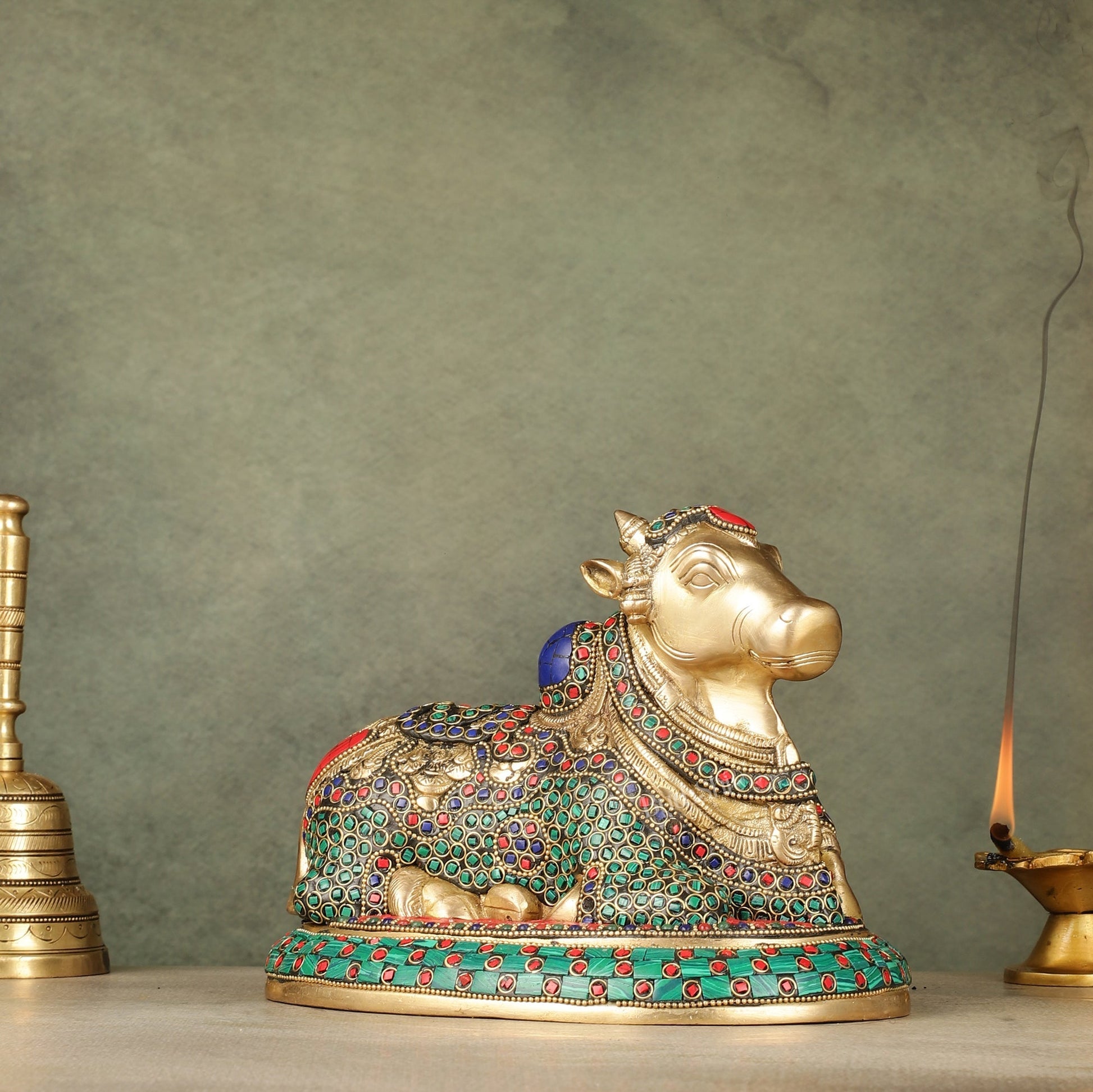 Pure Brass Nandi Bull Idol with Meenakari Work 8"