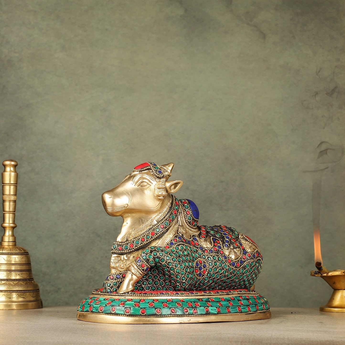 Pure Brass Nandi Bull Idol with Meenakari Work 8"