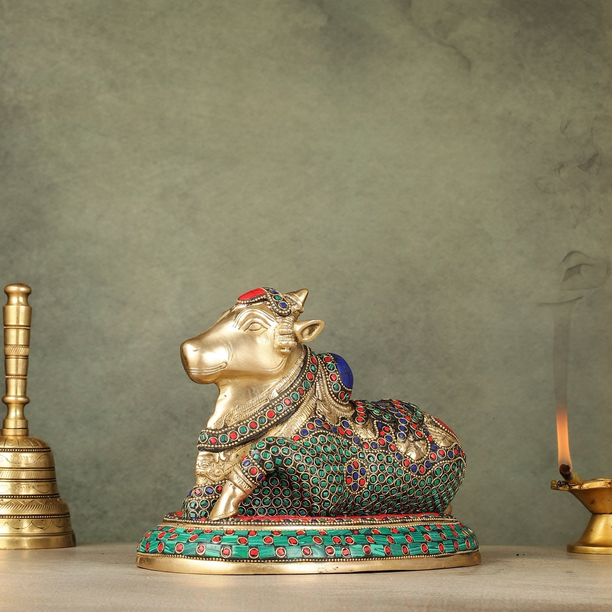 Pure Brass Nandi Bull Idol with Meenakari Work 8"