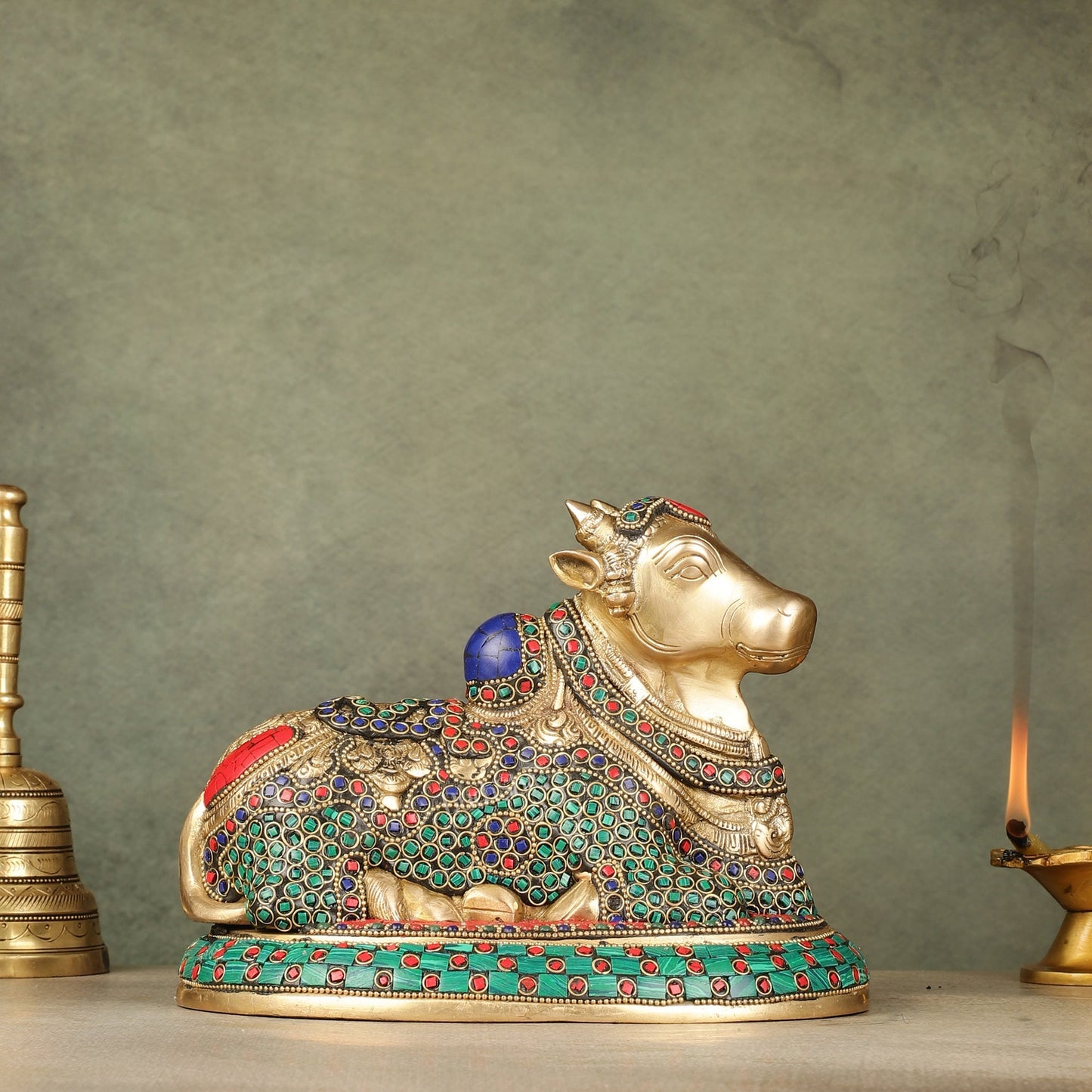 Pure Brass Nandi Bull Idol with Meenakari Work 8"