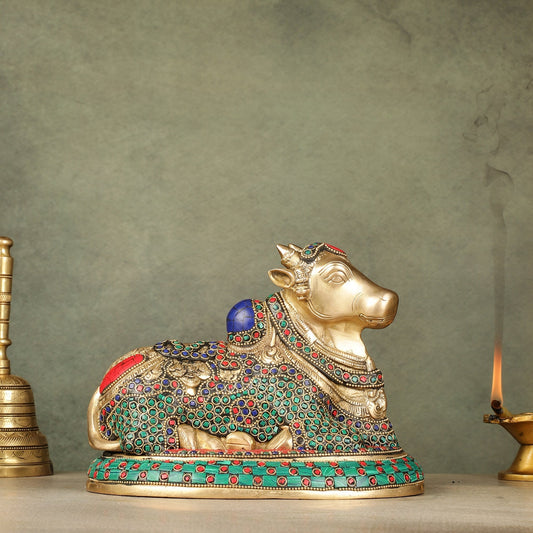 Pure Brass Nandi Bull Idol with Meenakari Work 8"