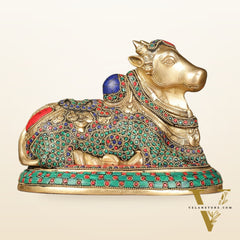 Pure Brass Nandi Bull Idol with Meenakari Work 8"