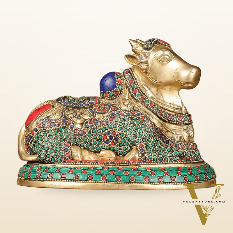 Pure Brass Nandi Bull Idol with Meenakari Work 8"