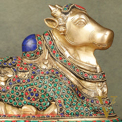 Pure Brass Nandi Bull Idol with Meenakari Work 8"