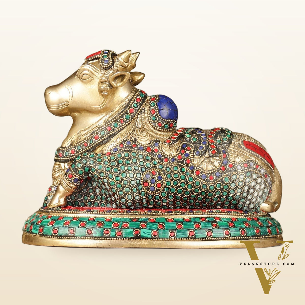 Pure Brass Nandi Bull Idol with Meenakari Work 8"