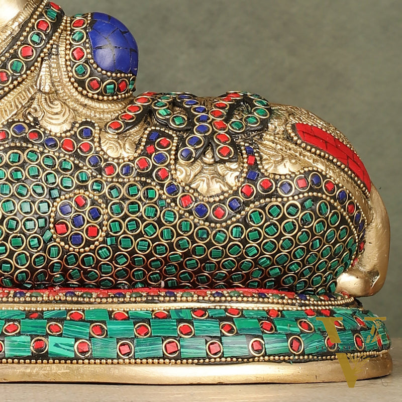 Pure Brass Nandi Bull Idol with Meenakari Work 8"