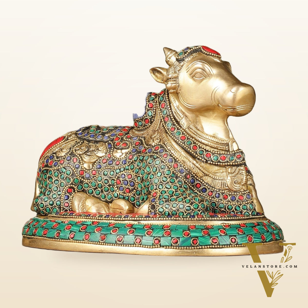 Pure Brass Nandi Bull Idol with Meenakari Work 8"