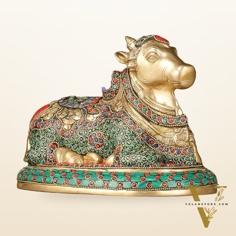 Pure Brass Nandi Bull Idol with Meenakari Work 8"