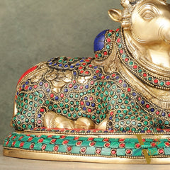 Pure Brass Nandi Bull Idol with Meenakari Work 8"