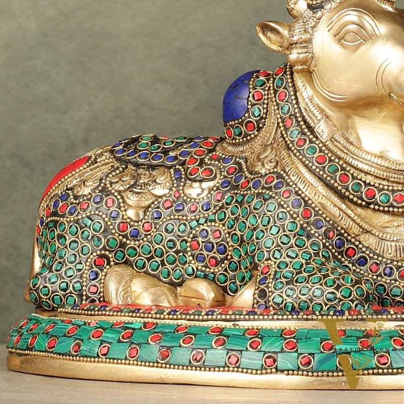 Pure Brass Nandi Bull Idol with Meenakari Work 8"