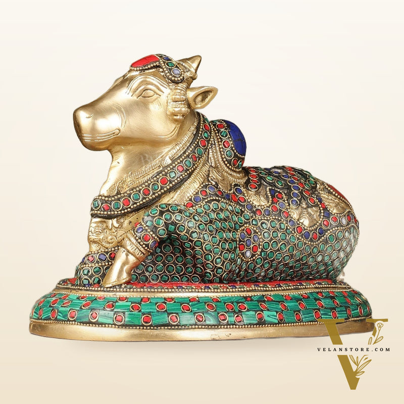 Pure Brass Nandi Bull Idol with Meenakari Work 8"