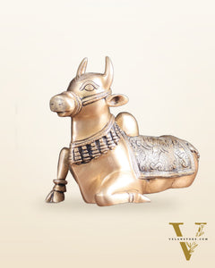 Pure Brass Nandi Bull Statue with Unique Lotus Carvings 10"
