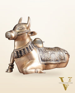 Pure Brass Nandi Bull Statue with Unique Lotus Carvings 10"