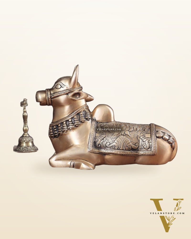 Pure Brass Nandi Bull Statue with Unique Lotus Carvings 10"