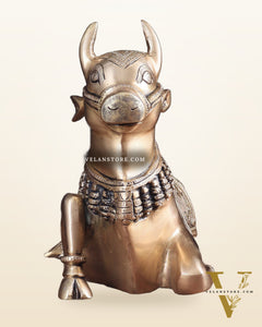 Pure Brass Nandi Bull Statue with Unique Lotus Carvings 10"