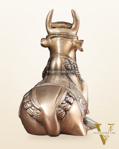Pure Brass Nandi Bull Statue with Unique Lotus Carvings 10"