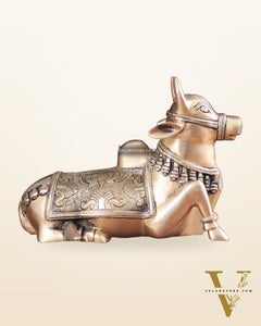 Pure Brass Nandi Bull Statue with Unique Lotus Carvings 10"