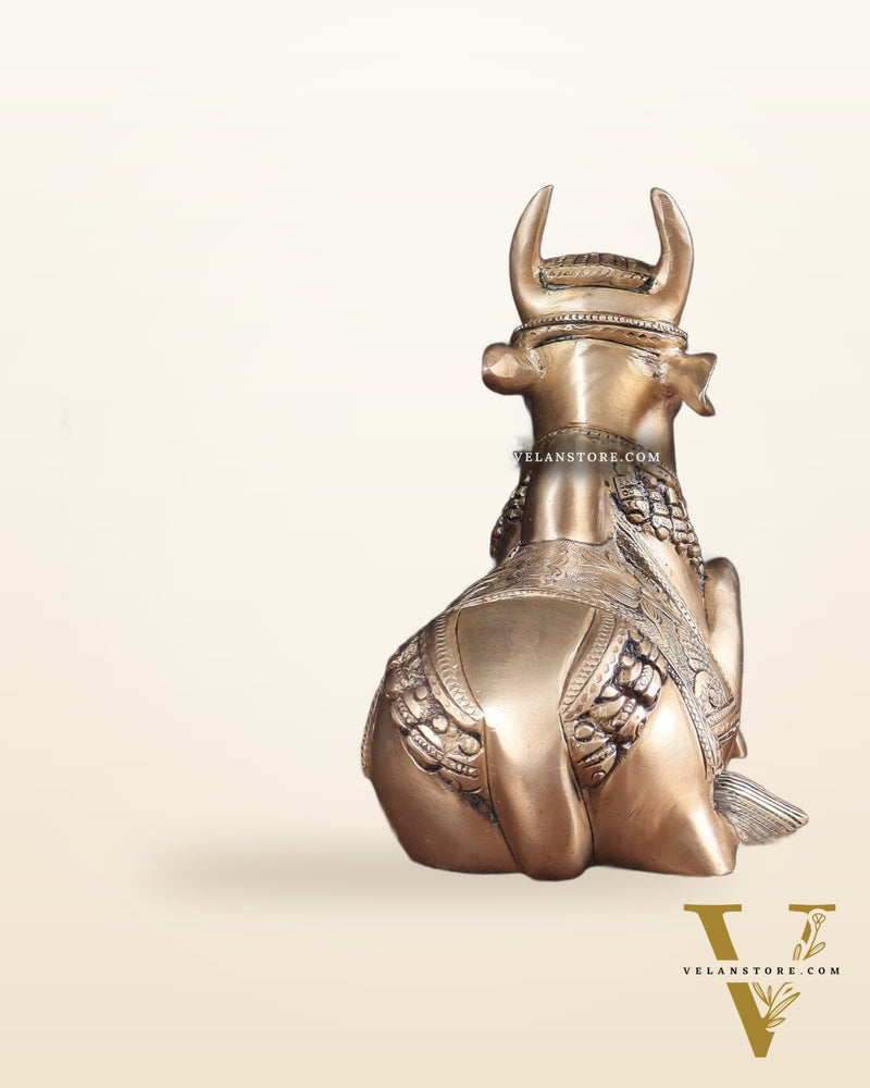 Pure Brass Nandi Bull Statue with Unique Lotus Carvings 10"
