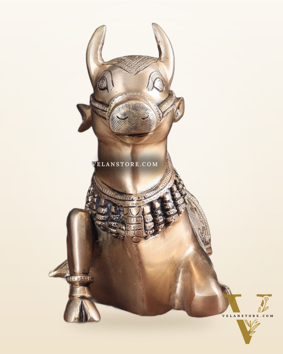 Pure Brass Nandi Bull Statue with Unique Lotus Carvings 10"