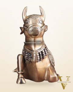 Pure Brass Nandi Bull Statue with Unique Lotus Carvings 10"