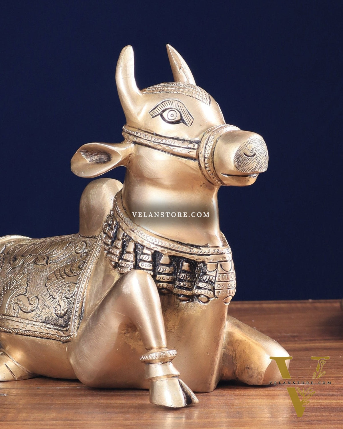 Pure Brass Nandi Bull Statue with Unique Lotus Carvings 10"