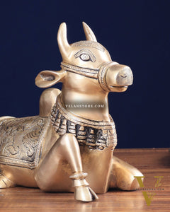 Pure Brass Nandi Bull Statue with Unique Lotus Carvings 10"
