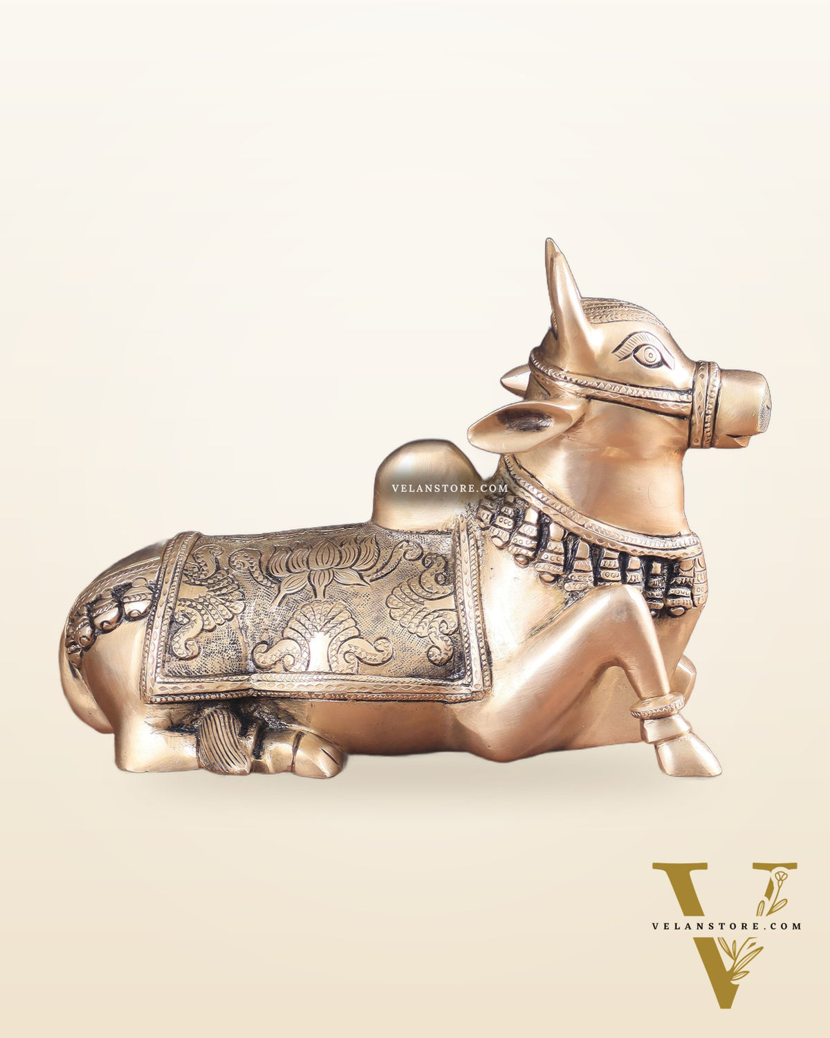Pure Brass Nandi Bull Statue with Unique Lotus Carvings 10"
