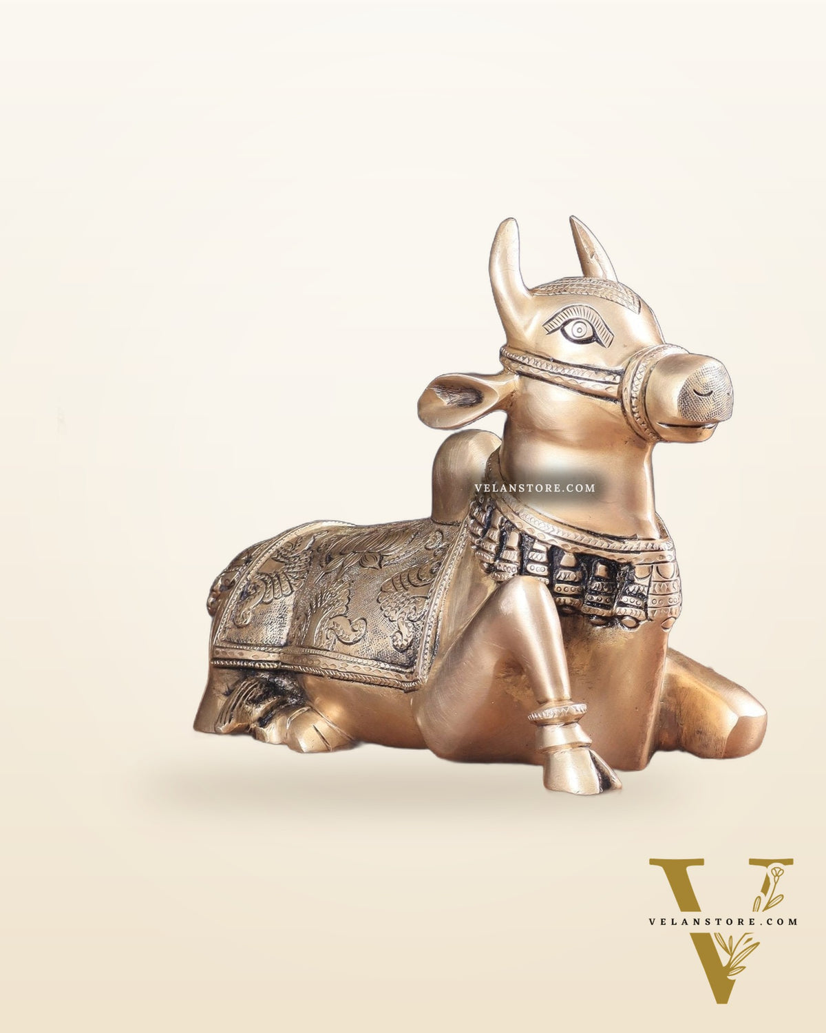 Pure Brass Nandi Bull Statue with Unique Lotus Carvings 10"