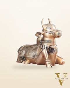 Pure Brass Nandi Bull Statue with Unique Lotus Carvings 10"