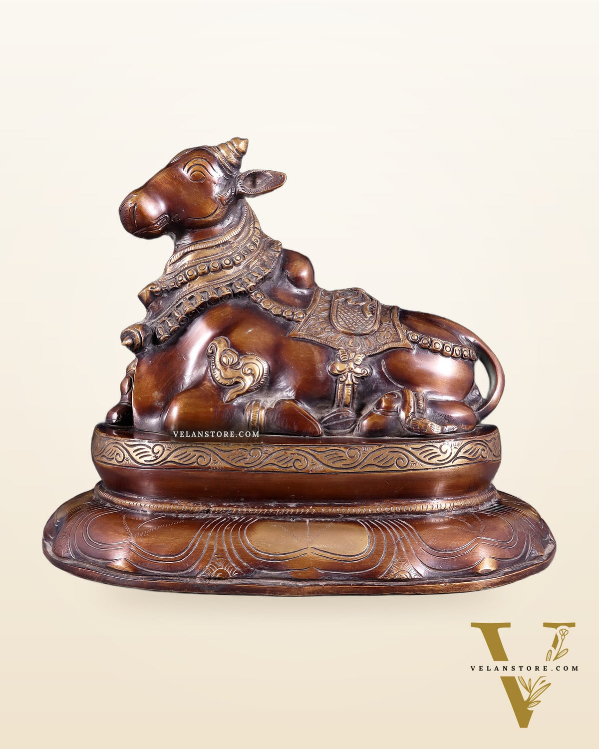 Pure Brass Nandi Idol on Engraved Base - 10-Inch