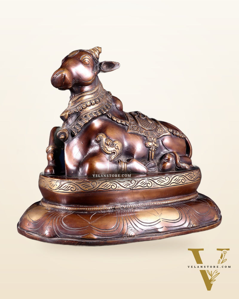 Pure Brass Nandi Idol on Engraved Base - 10-Inch