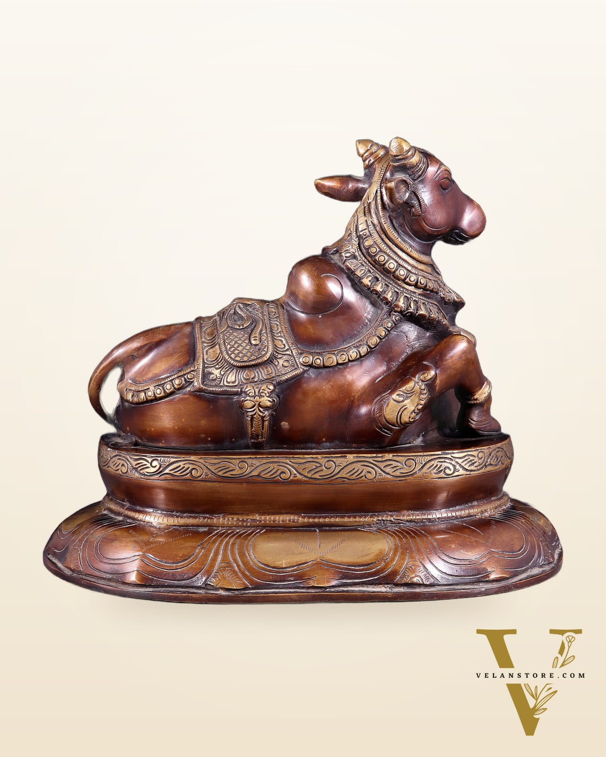 Pure Brass Nandi Idol on Engraved Base - 10-Inch