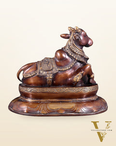 Pure Brass Nandi Idol on Engraved Base - 10-Inch