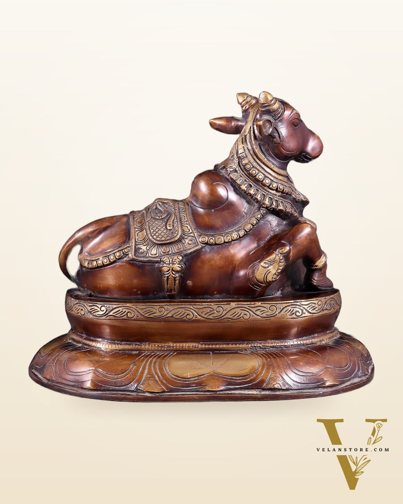 Pure Brass Nandi Idol on Engraved Base - 10-Inch