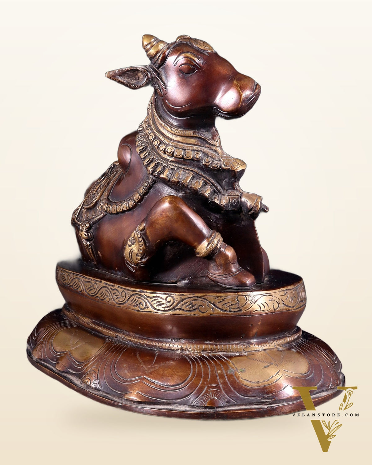 Pure Brass Nandi Idol on Engraved Base - 10-Inch