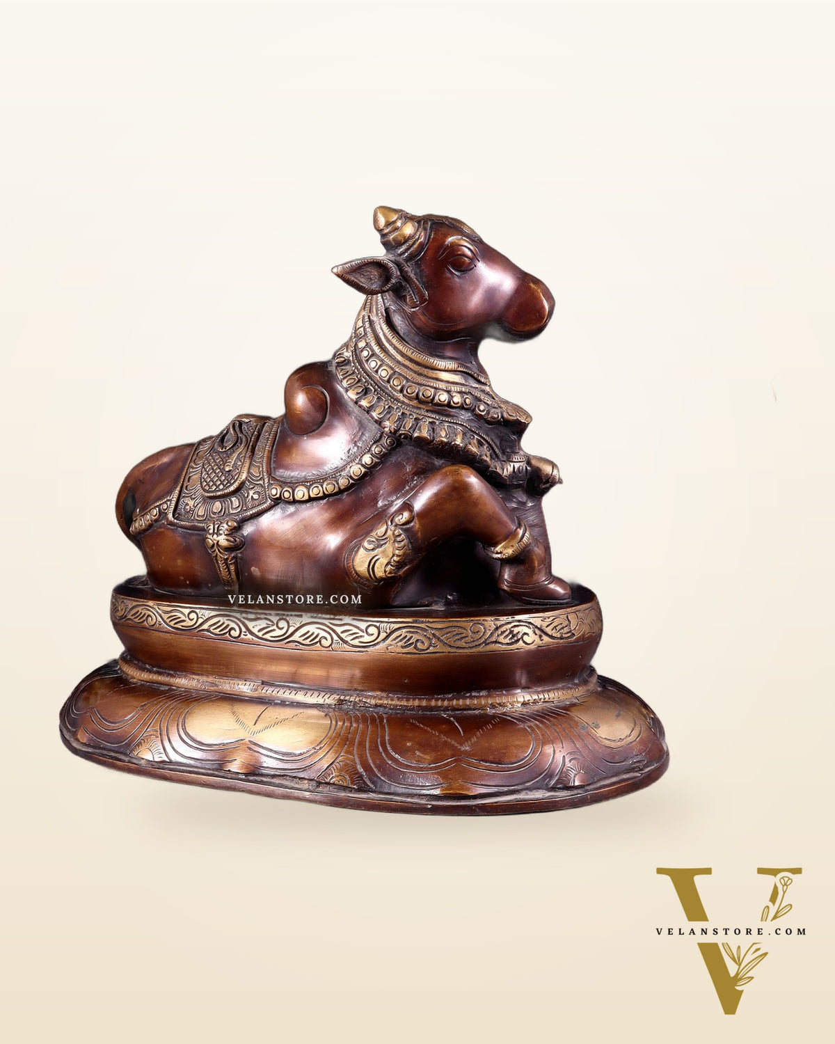 Pure Brass Nandi Idol on Engraved Base - 10-Inch