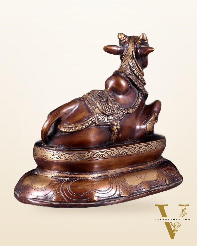 Pure Brass Nandi Idol on Engraved Base - 10-Inch