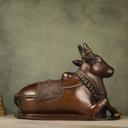 Pure Brass Nandi Idol with Antique Finish - 9.5 inch