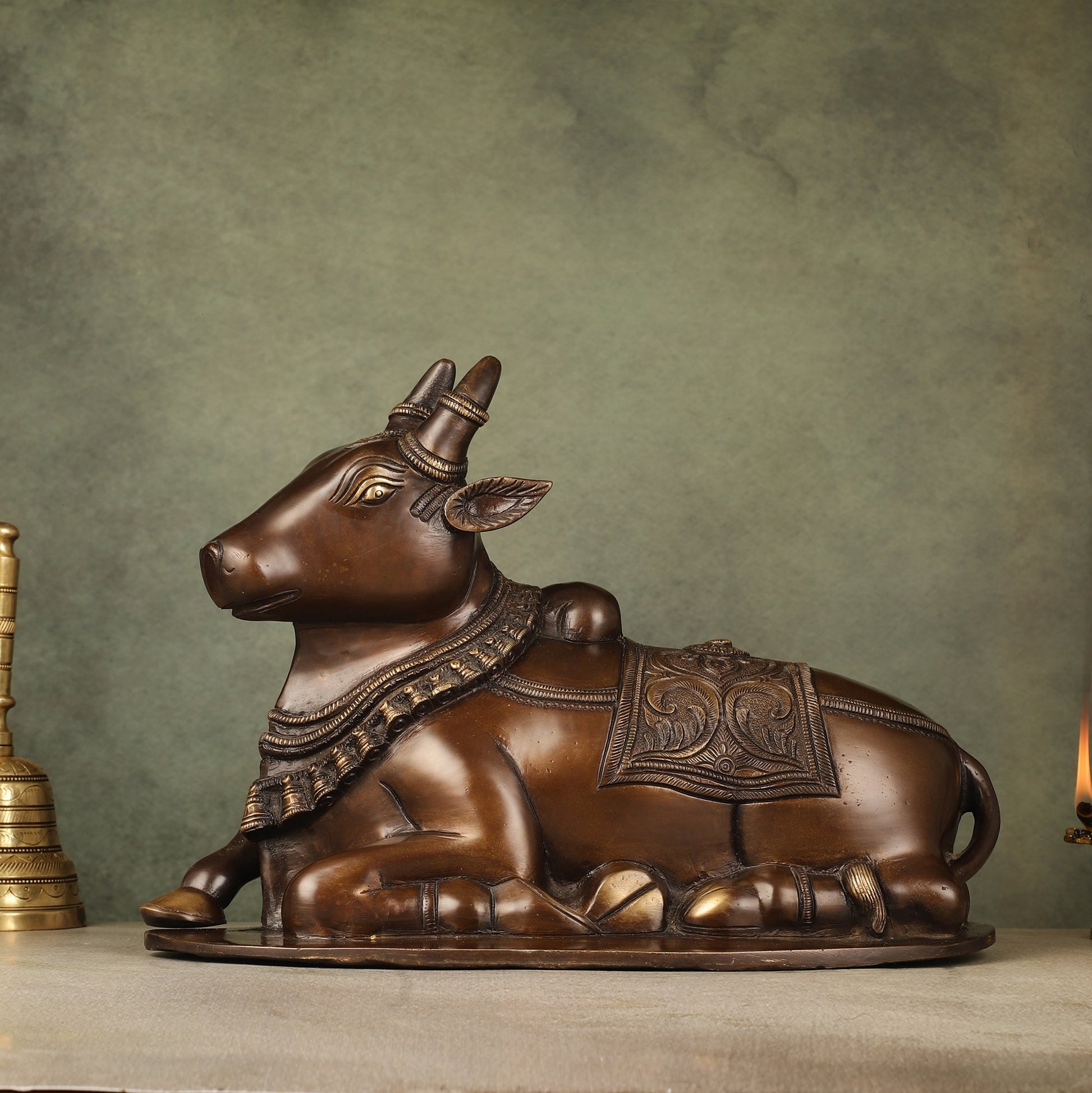 Pure Brass Nandi Idol with Antique Finish - 9.5 inch